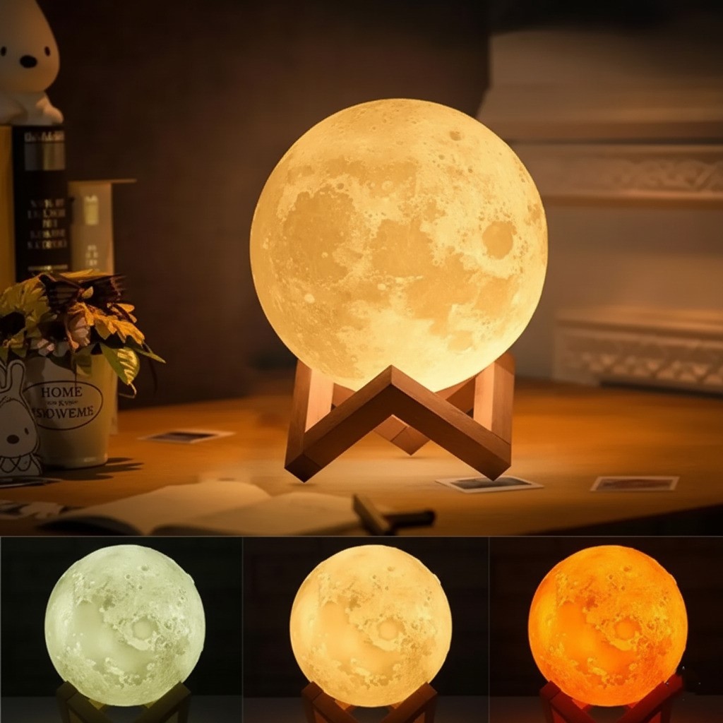 3D Moon Lamp with Wooden Stand – Rechargeable LED Night Light & Color Changing Mood Lamp